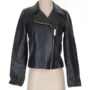Massimo Dutti Black Leather Jacket with Gold Zipper